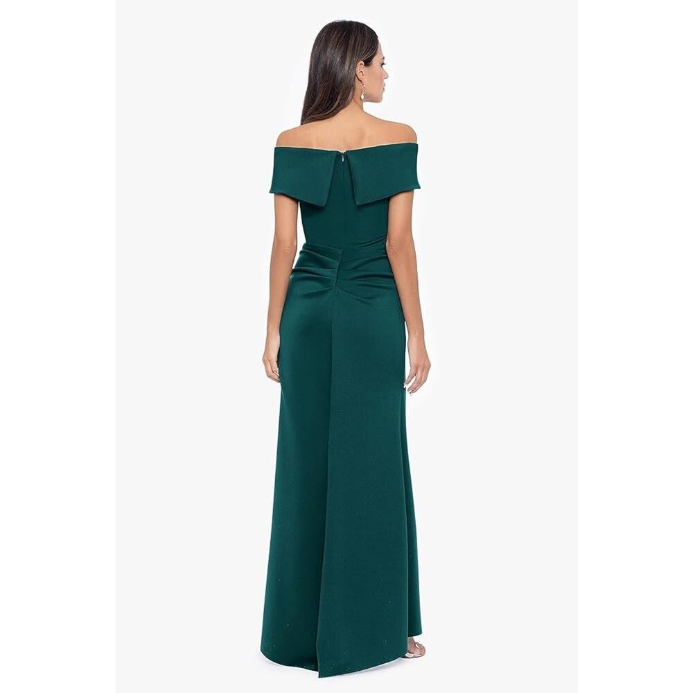 Xscape Women's Long Off Shoulder Sweetheart Neck Side Ruffle Gown, Sz 14P Hunter - Picture 13 of 14